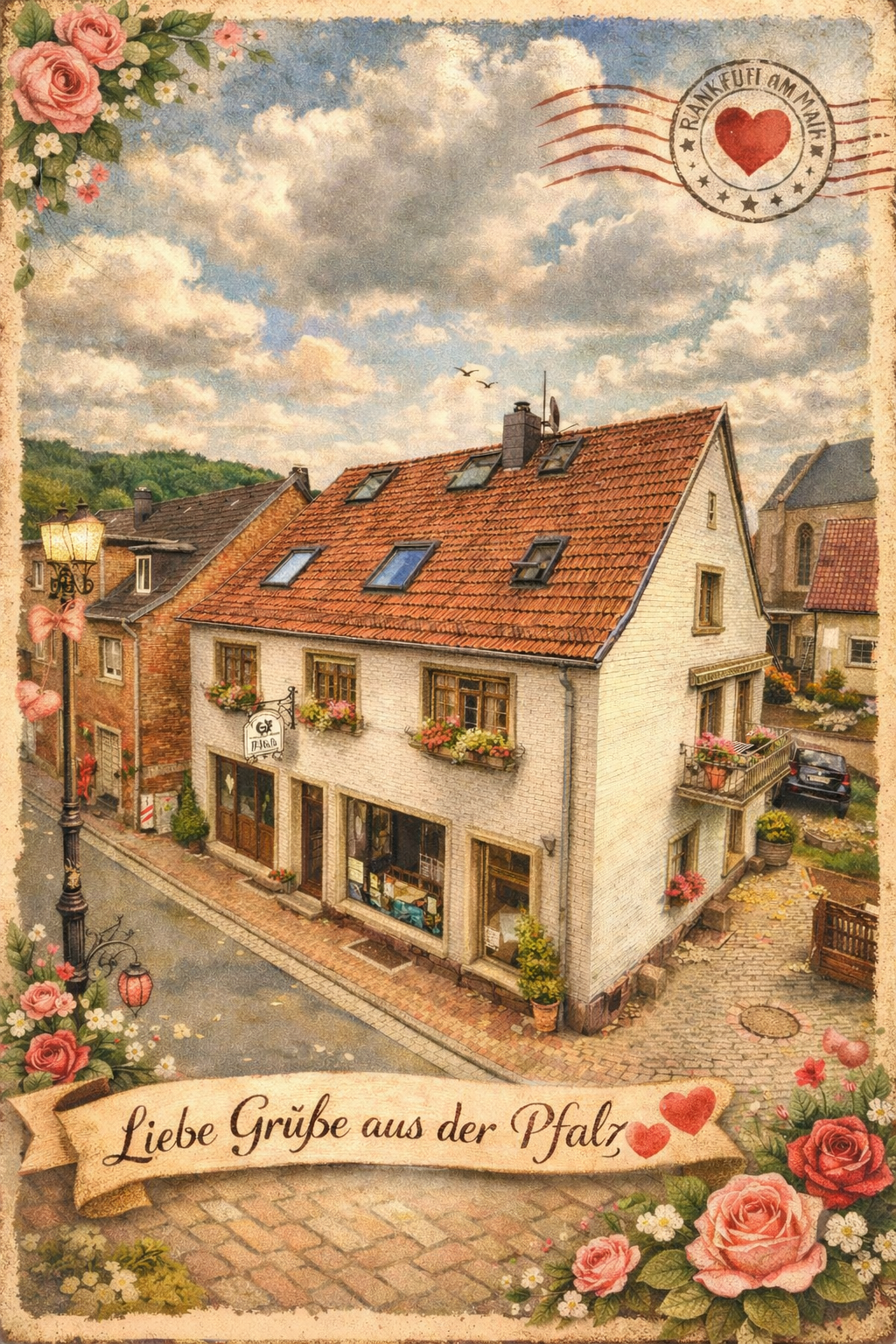 Illustration der Bäckerei Flick und Maly als nostalgische Pfalz-Grußkarte