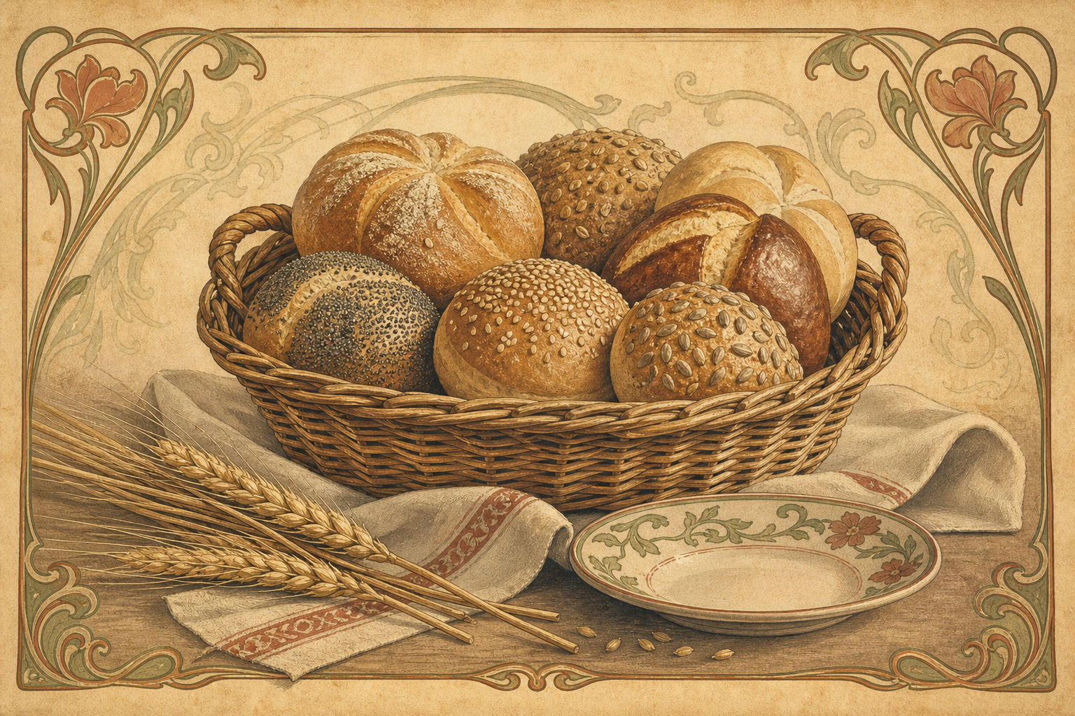 Historisch illustrierter Korb mit Brötchen und ornamentalem Rahmen