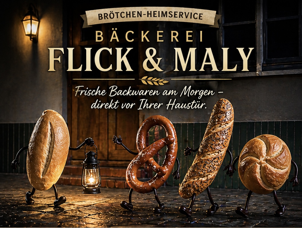 Brötchenheimservice-Motiv der Bäckerei Flick und Maly mit Backwaren vor einer Haustür