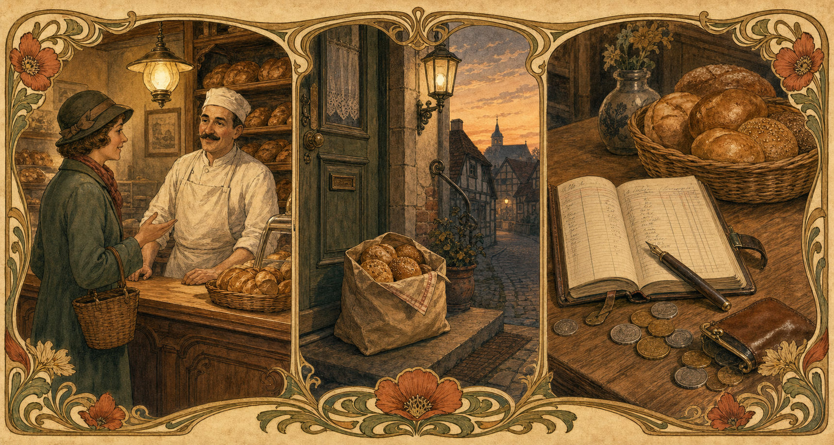 Illustration des Brötchenheimservice: Bestellung in der Bäckerei, Lieferung an die Haustür und wöchentliche Zahlung im Laden